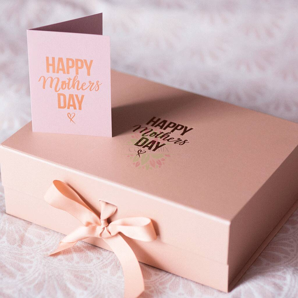 Caixa de presente de dia das mães rosa com folha de ouro